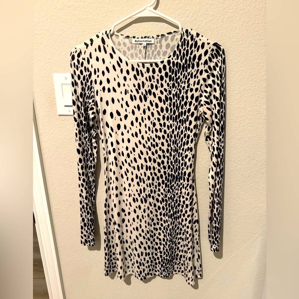 Reformation Cream and Black Dotted Midi Dress